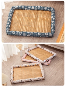 Close-up of cooling bamboo pet mats with cute cat and panda patterns and fabric edges