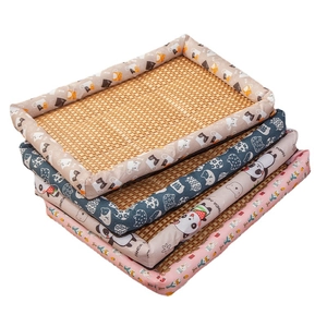 Stack of four breathable rattan cooling mats for pets with cute cartoon animal patterns