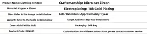 Detailed specification chart for hip hop lightning pendant with zircon and 18k gold plating