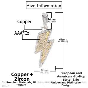 Detailed size chart of two-tone lightning bolt pendant with AAA+ cubic zirconia