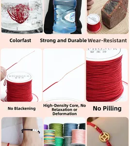 Red core-spun jewelry cord showing anti-fade, durability and high tensile strength test
