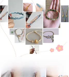 Detail of colorful handcrafted braided bracelets and necklaces made with 72 jade thread