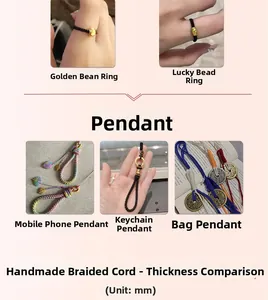 Detail showing various handmade woven rings and pendants with gold beads and cord sizes