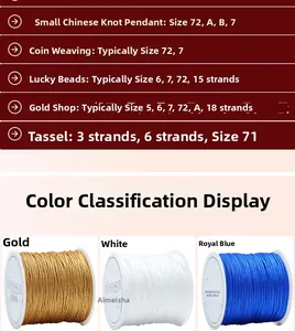 Detailed chart for jewelry cord sizes and spools of blue, white, and gold thread