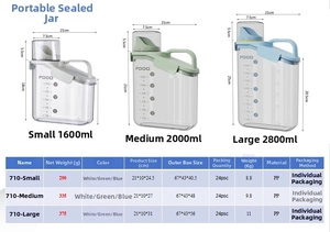 Size chart showing dimensions and capacity for 1600ml to 2800ml airtight pet food containers