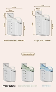 Detailed size chart for 2000ml and 2800ml airtight pet food storage containers in three colors