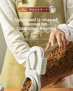 Close-up of pet food storage container with a U-shaped funnel spout for precise pouring