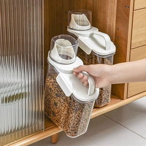 Transparent pet food storage container with handle, measuring cup and airtight lid