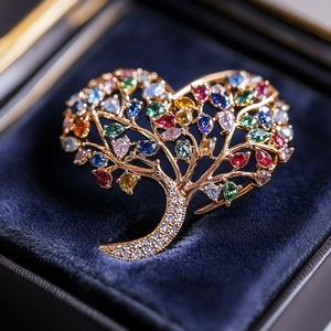 Broche Cœur Arbre de Vie élégante avec cristaux de zircon colorés en finition or rose