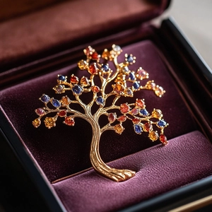 Broche arbre de vie dorée avec zircons colorés dans un écrin de bijoux en velours violet