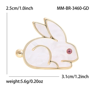 Broche lapin mignonne en métal doré avec texture perle blanche et œil en strass rouge