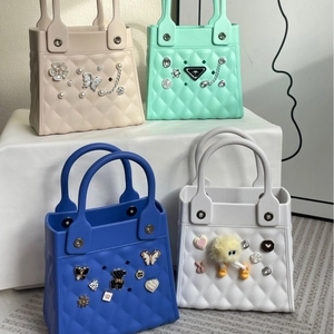 Waterproof EVA tote bag with diamond lattice pattern and DIY floral charms for women