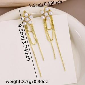 Detail view of long tassel earrings with dimensions of 1.5cm width and 9.5cm length