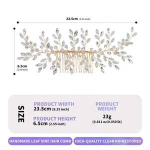 Handmade leaf rhinestone hair comb for brides with detailed product size measurements