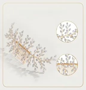 Detail of adjustable rhinestone leaf hair comb with hand-woven gold wire for weddings