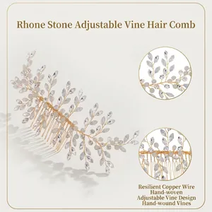Elegant rhinestone leaf bridal hair comb with adjustable copper wire branches