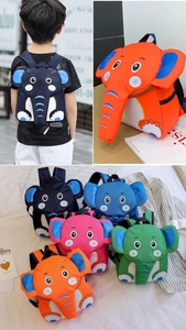 Detail showing colorful elephant backpacks with 3D ears and trunk for toddlers