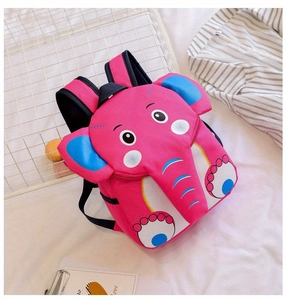 Detailed top view of pink cartoon elephant backpack for kids with blue adjustable straps