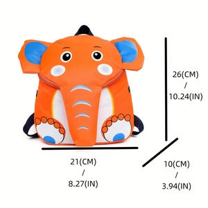 Detailed size view of orange elephant kids backpack showing height 26cm and width 21cm