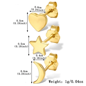 Detailed size chart for gold heart star and moon stud earrings with S925 silver hallmarks