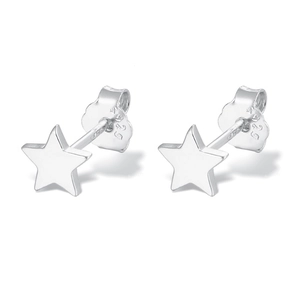 Close-up of minimalist S925 sterling silver star stud earrings with hallmark detail