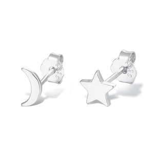 Detail of S925 sterling silver moon and star earrings with polished finish and hallmark
