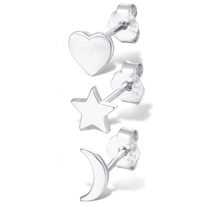 Macro detail of S925 sterling silver stud set with heart, star and moon shapes