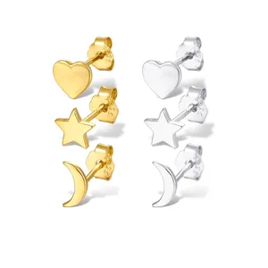 Star Moon Heart Stud Earrings 925 Sterling Silver Tiny Minimalist Delicate Jewelry For Women Gold Platinum Plated
