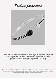 Detailed product parameters of vintage open bangle with black agate and twisted copper
