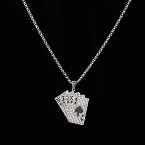 Collier hip-hop argent avec pendentif cartes de poker en émail noir et zircons brillants