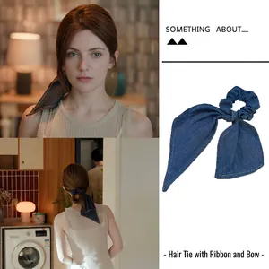 Stylish denim fabric ribbon bow scrunchie for women shown in model and product views
