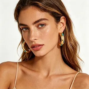 C Shape Hoop Earrings 18K Gold Plated Stainless Steel Natural Turquoise Multicolor Gemstone Retro Bohemia For Women
