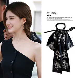 Wooden Hair Stick With Black Satin Ribbon Bow Embroidery Floral Print Elegant Retro Hair Accessory For Women