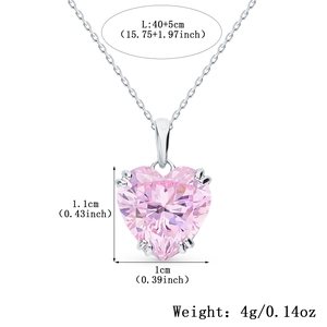 Detailed dimensions of heart pendant necklace with pink zircon and 40+5cm silver chain
