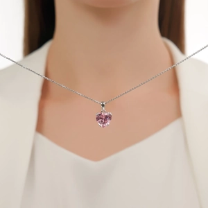 Elegant S925 silver necklace with a sparkling pink heart-shaped zircon pendant for women
