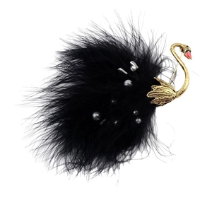 Elegant vintage swan brooch with black feathers, gold metal neck and grey pearl accents