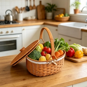 Handwoven rattan picnic basket with lace trim and fresh vegetables on a wooden counter