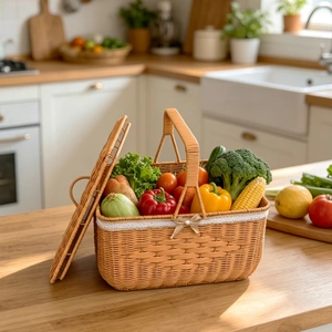 Detail of a woven picnic basket with lace trim and bow, filled with fresh vegetables