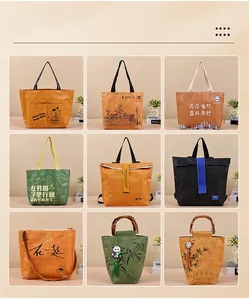 Detailed grid showing vintage Tyvek paper bags with custom logo prints and bamboo handles