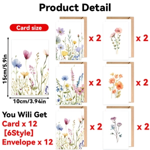Lot de 12 cartes de vœux fleurs à l'aquarelle avec enveloppes en six motifs artistiques