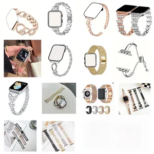 Detail showing assorted luxury metal watch bands with pearls and diamonds for smartwatches