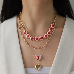 Alloy Heart Necklace And Long Drop Earrings With Imitation Pearl Enamel Valentine Jewelry For Women Layered Accessories