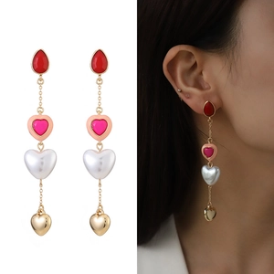 Elegant Valentine's Day long drop earrings featuring colorful hearts and pearl beads
