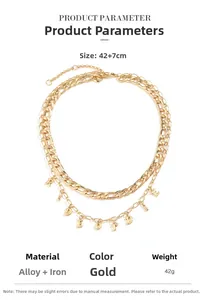Detailed view of layered gold necklace with dimensions 42 plus 7cm and material info