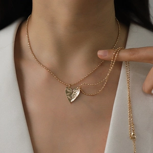 Gold Plated Alloy Double Layered Heart Letter Pendant Necklace Set For Couples Men Women Fashion Layered Curb Chain Jewelry Gift