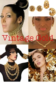 Detail of vintage gold-plated jewelry set featuring chunky chains and quilted patterns