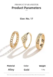 Detail view of 3-piece gold alloy ring set with vintage texture weighing 7.38g