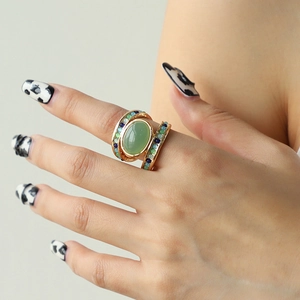 Vintage Gold Plated Zinc Alloy Statement Ring Bohemian Artificial Gemstone Inlaid Turquoise Style Retro Ethnic Jewelry For Women