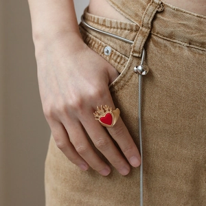 Vintage Matte Gold Alloy Red Heart Flame Crown Adjustable Stretch Ring For Women Retro Ethnic Style Statement Finger Jewelry