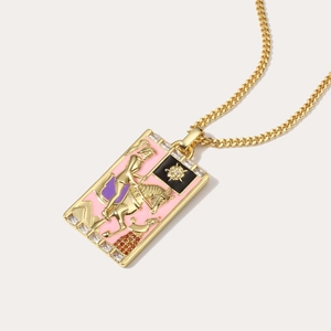 Vintage gold tarot pendant necklace with knight carving and sparkling zircon border